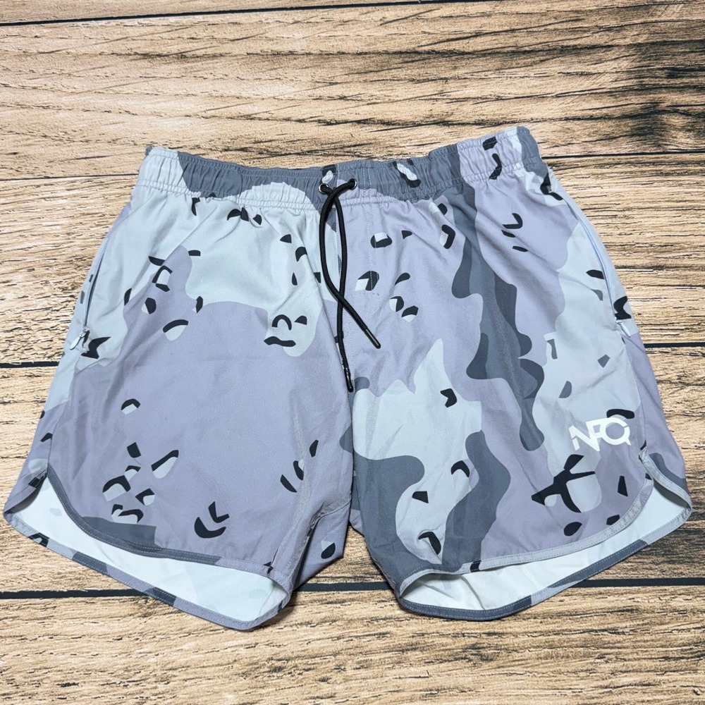 NFQ Training Shorts Men Large Grey Camo Athletic Gym Workout Zipper Pockets